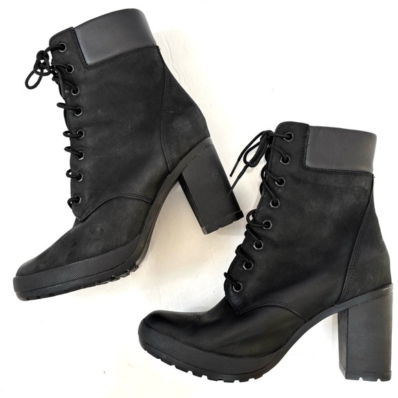 Timberland Allington Mid Lace-Up Block High Heel Black Leather Preppy Boot - Picture 2 of 15